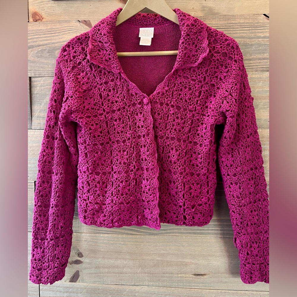 Moda International Crocheted Cardigan Sweater in Magenta